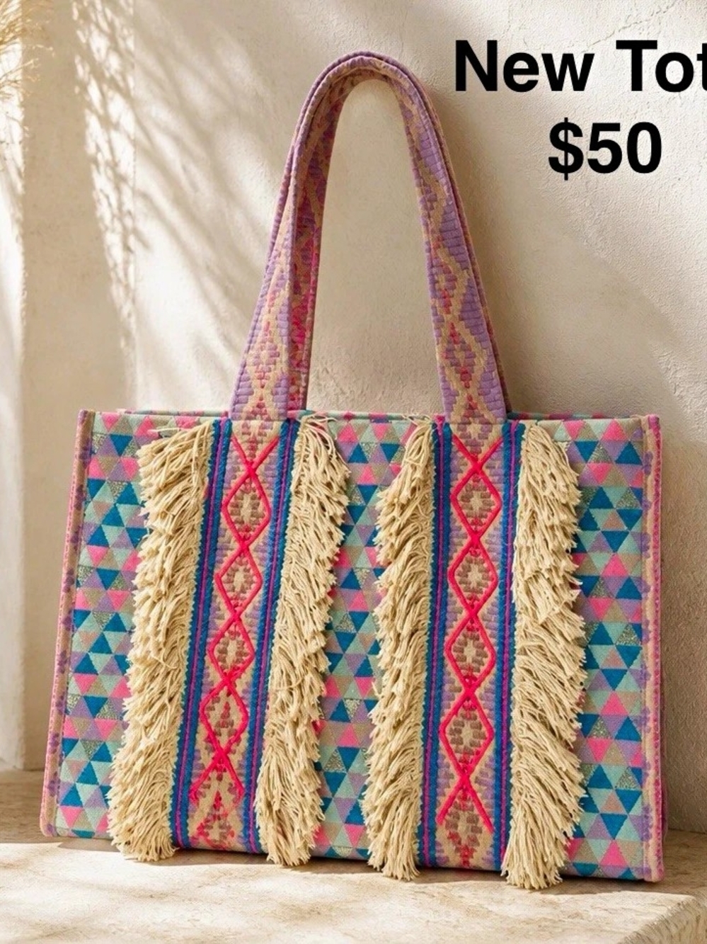 Women’s Multicolor Geometric Tote Bag, Fringe Accents, Double Handles, New